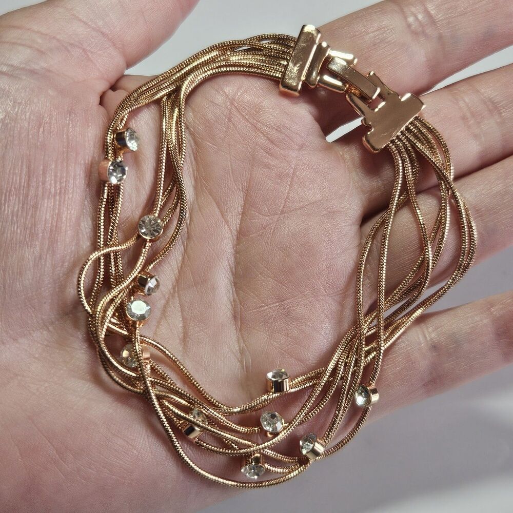 *Sale* Rose Gold Metal Layered Bracelet With Clear Rhinestones 8"